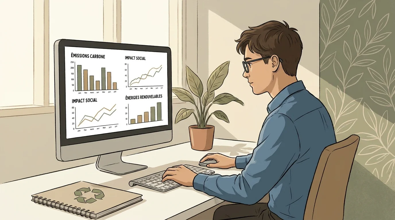 Alternant RSE analysant des données de développement durable dans un bureau en France