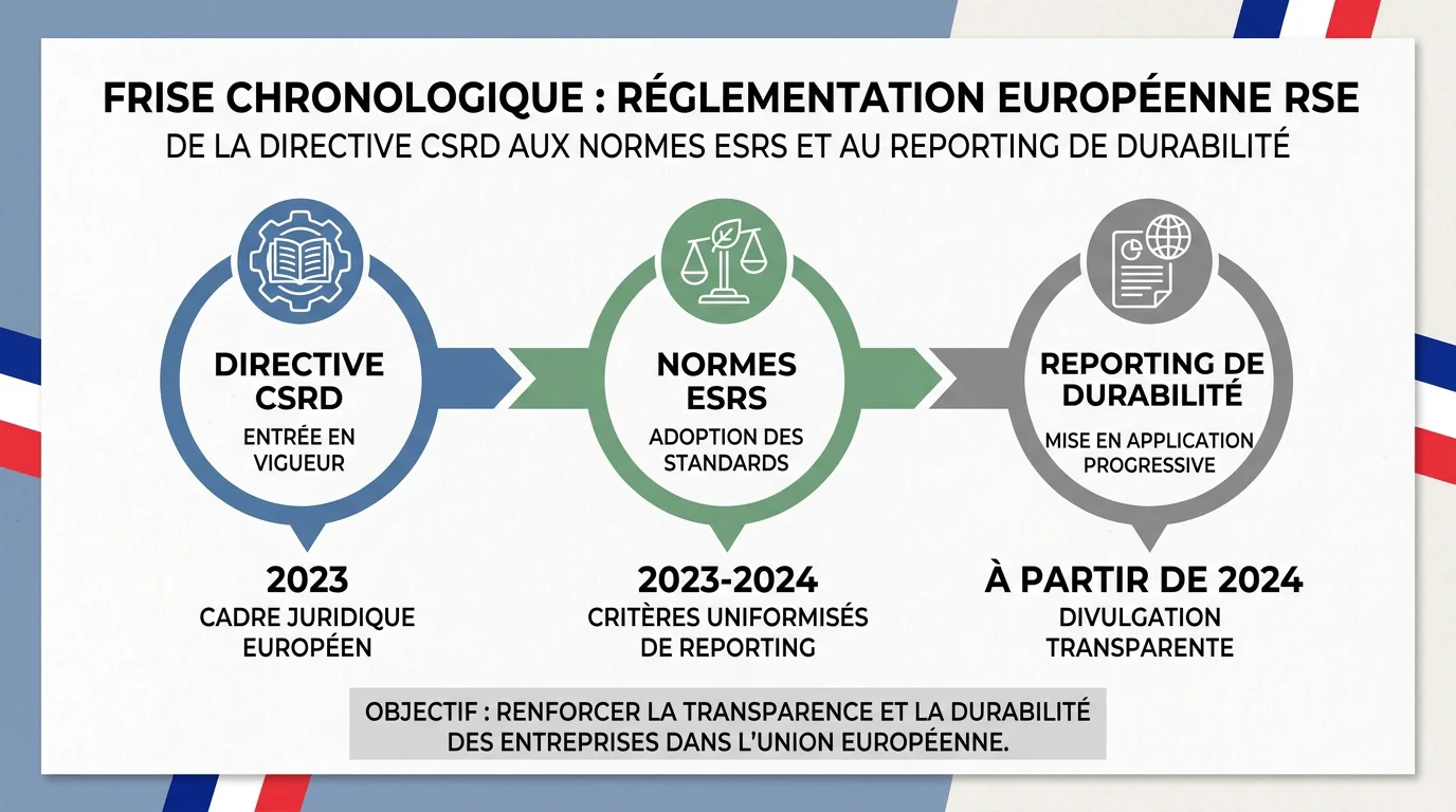 Frise chronologique de la réglementation CSRD et RSE en Europe et en France