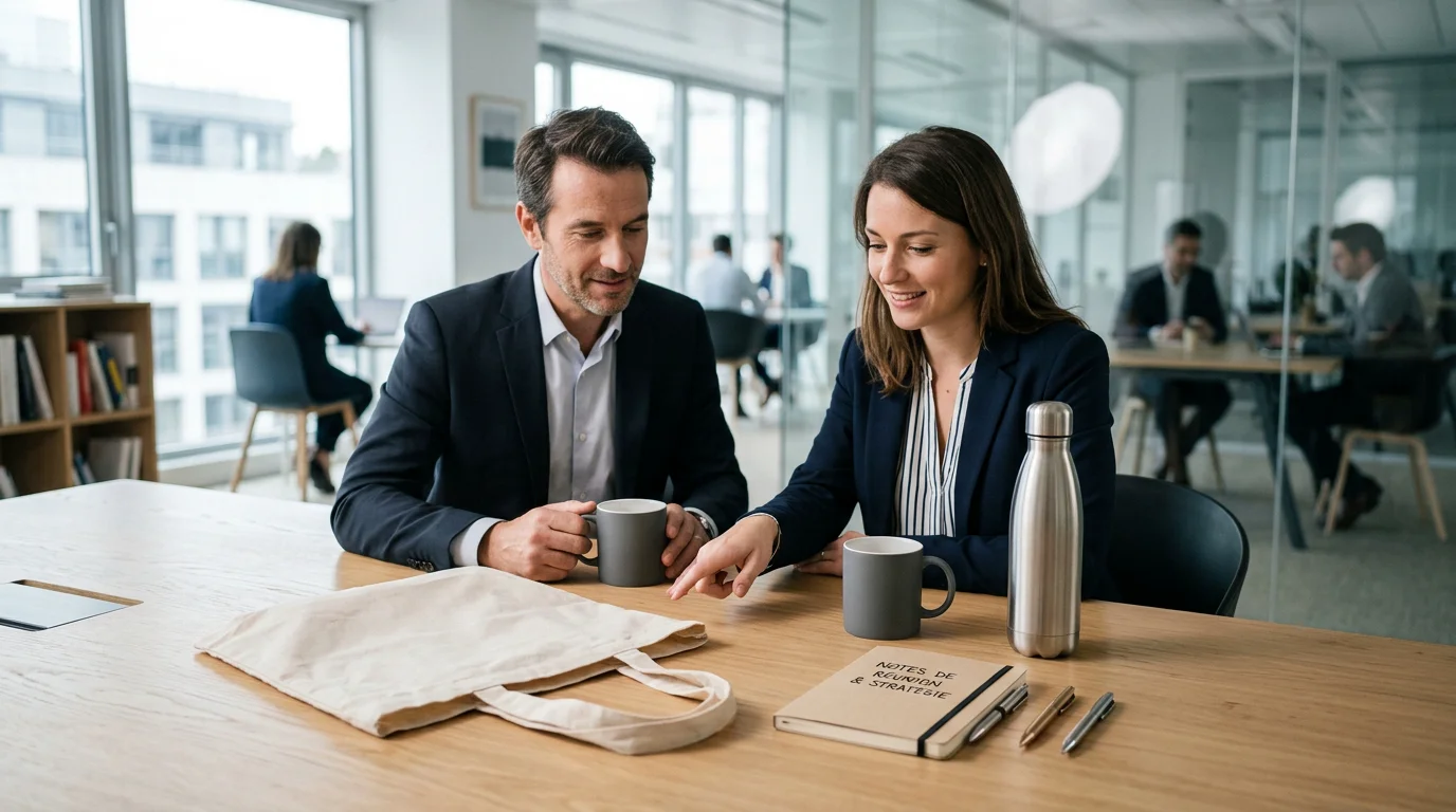 Deux professionnels sélectionnent des objets publicitaires responsables sur une table de bureau