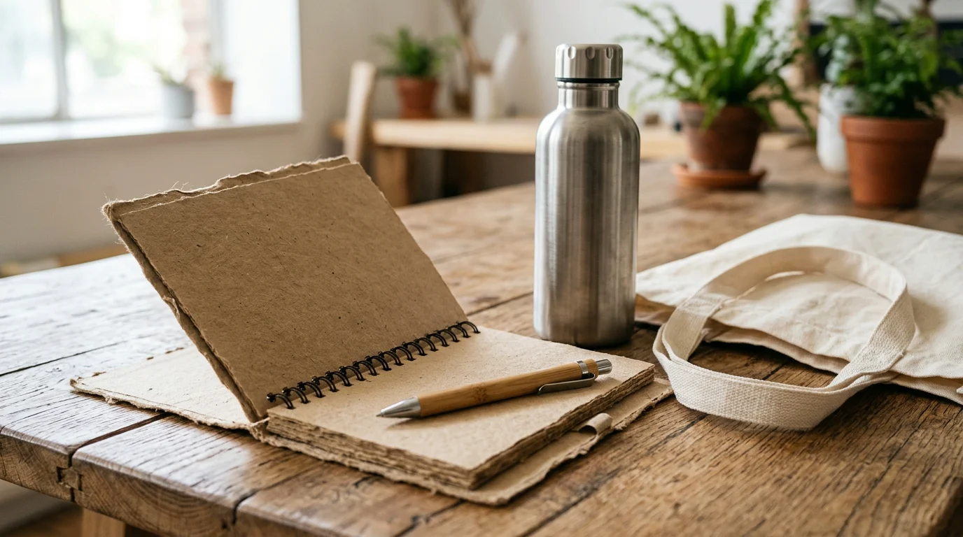 Objets publicitaires éco-responsables en matières recyclées sur un plan de travail en bois