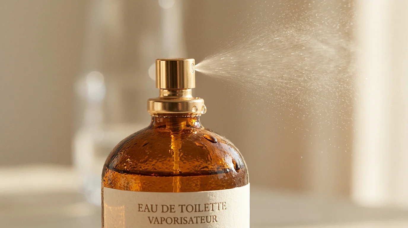 Flacon de parfum ambré vaporisant une fine brume sur fond neutre
