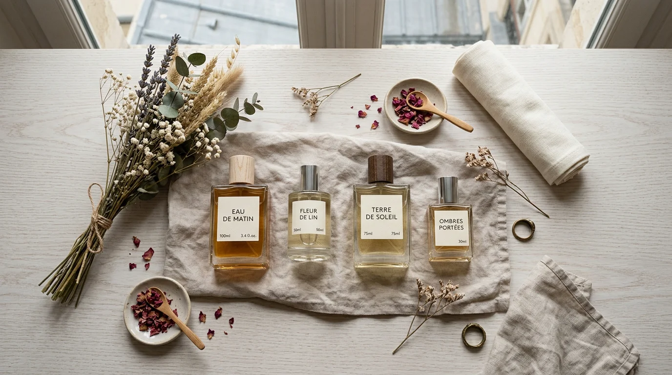 Plusieurs flacons de parfum disposés à plat sur un bois clair avec fleurs séchées