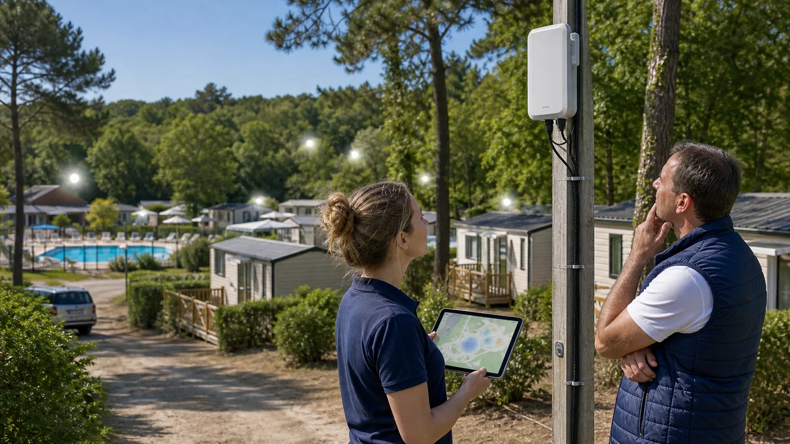 Technicienne réalisant un audit de couverture Wi-Fi entre les mobil-homes d’un camping.