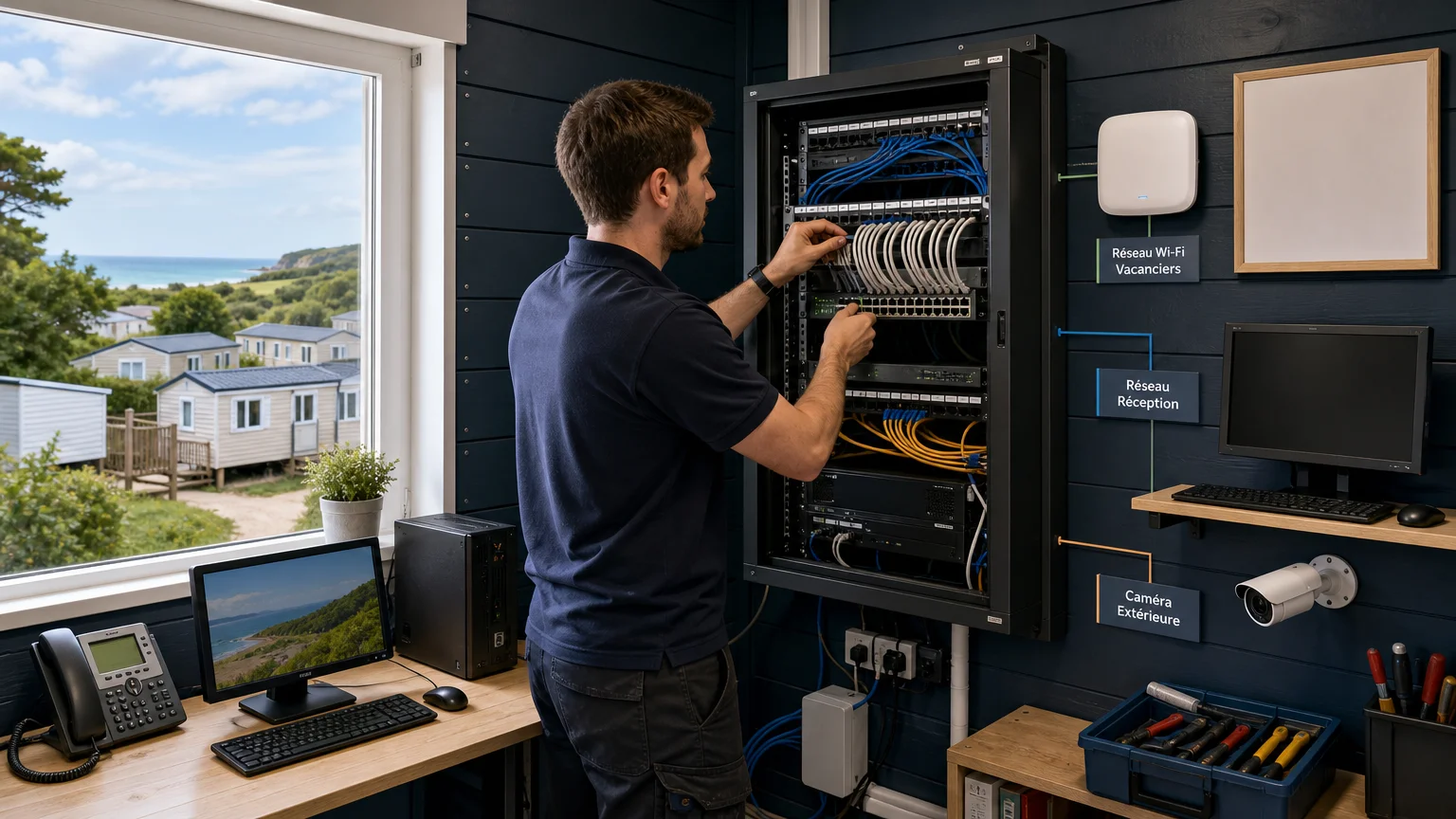 Technicien organisant une baie réseau séparant les équipements Wi-Fi d’un camping.