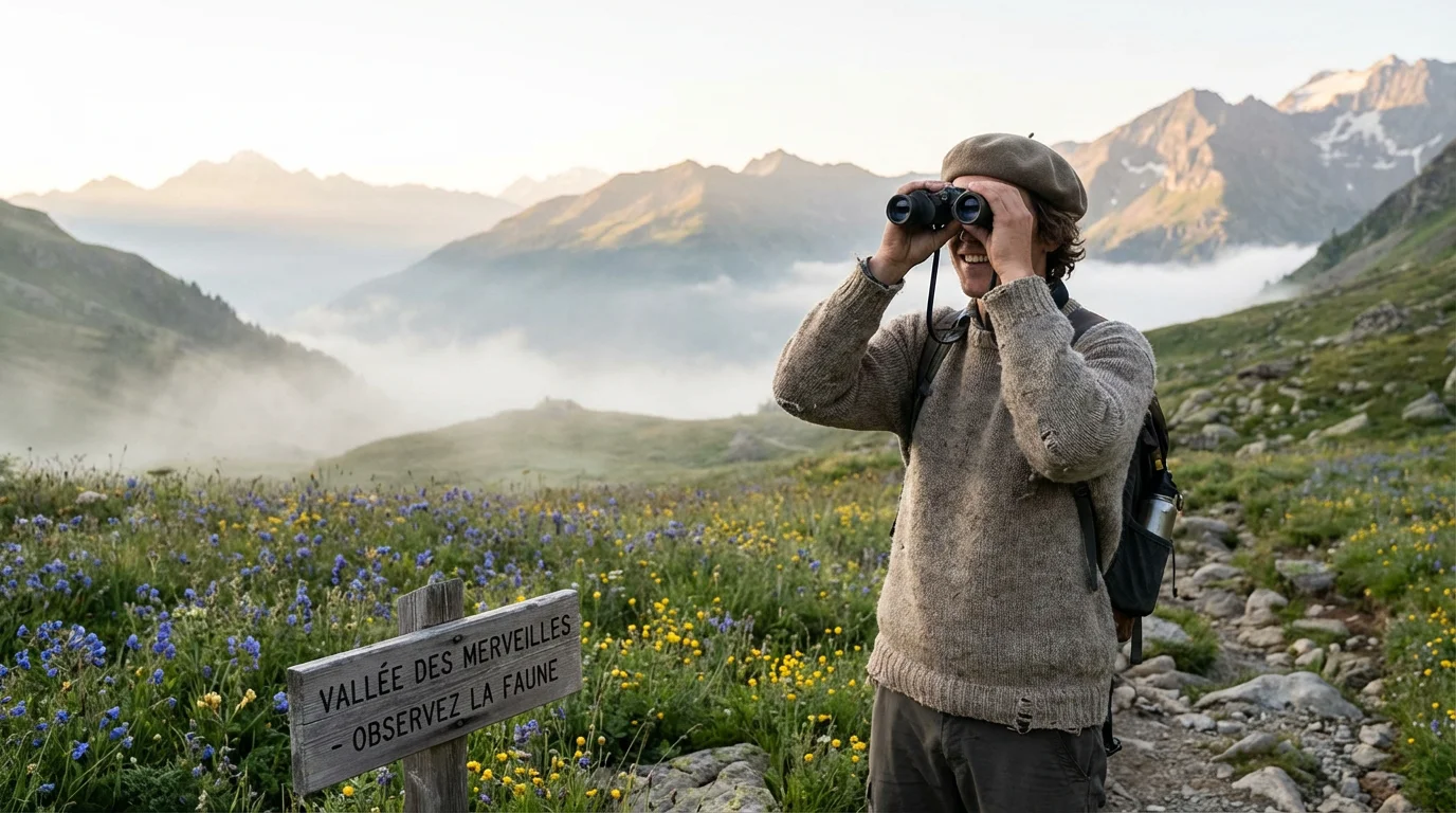 Randonneur européen observant la faune sauvage en montagne avec des jumelles à l'aube