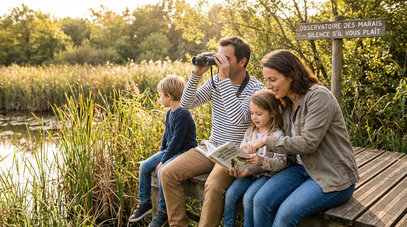 Famille européenne observant des oiseaux dans une réserve naturelle en France