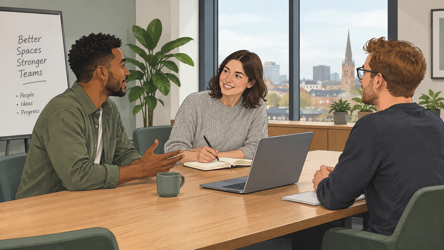 Colleagues collaborating in a contemporary hybrid-work meeting room