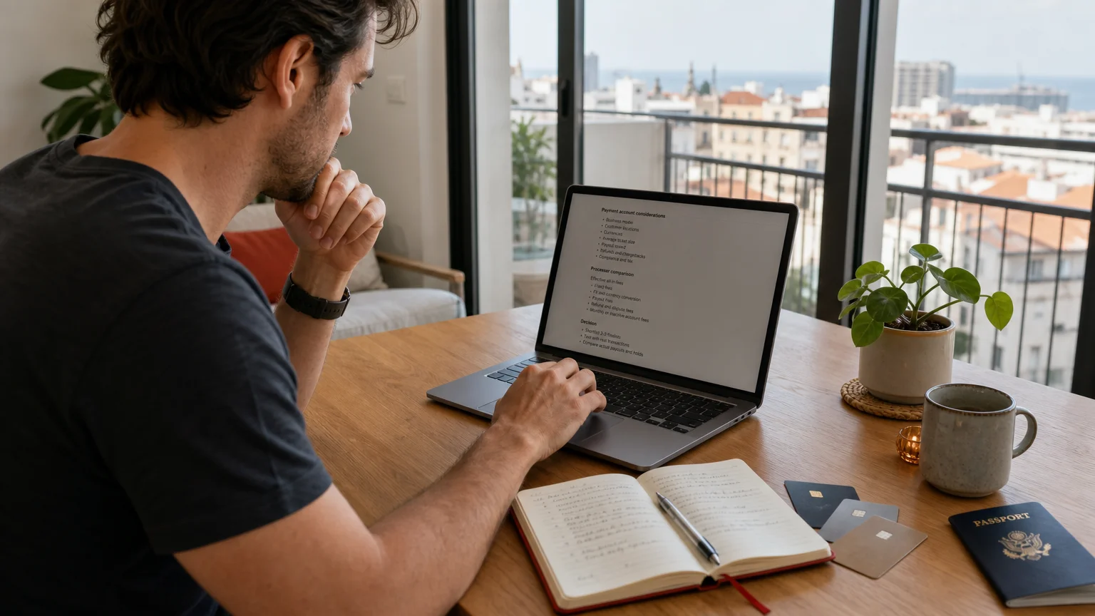 Course creator reviewing international payment operations from abroad