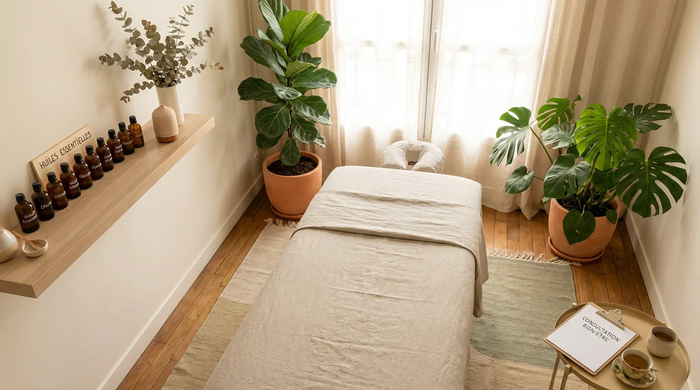 Espace de consultation holistique professionnel avec table de soin et huiles essentielles