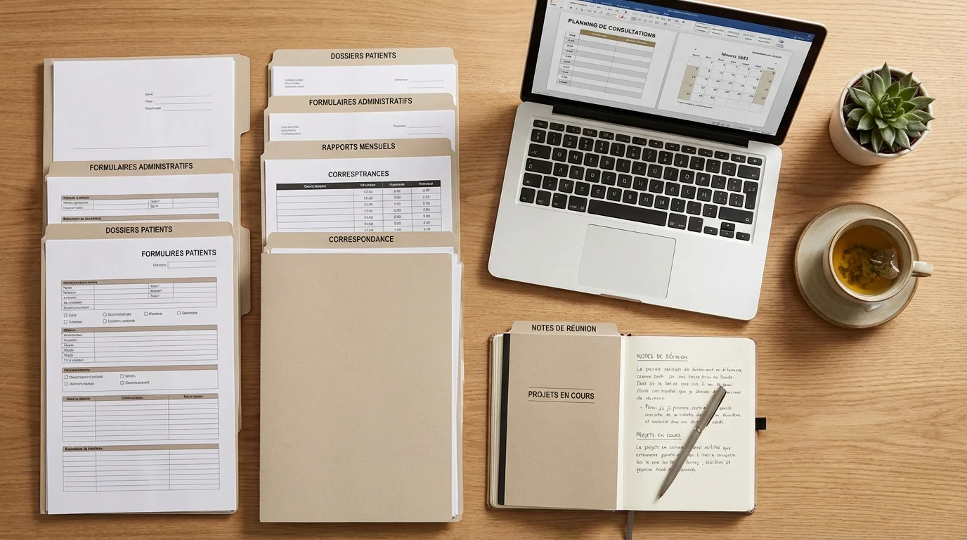 Bureau de praticien holistique avec documents administratifs et outils de travail