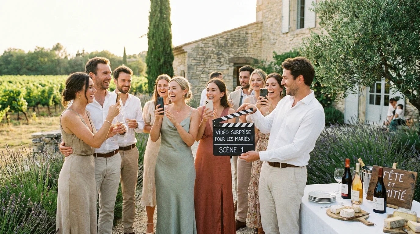 Groupe d'invités préparant un lipdub surprise dans le parc d'un domaine de mariage en France