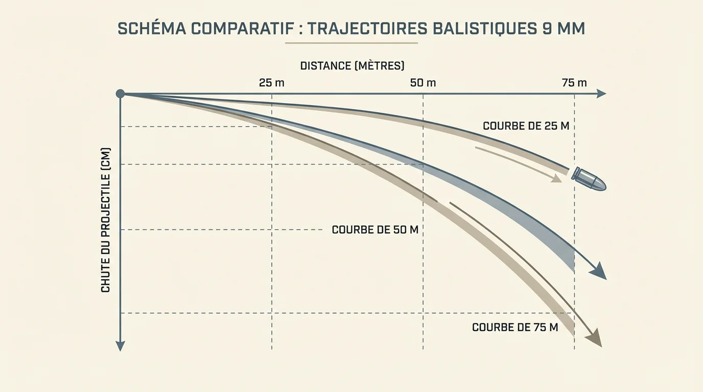 Schéma des trajectoires balistiques d'une cartouche 9 mm à différentes distances