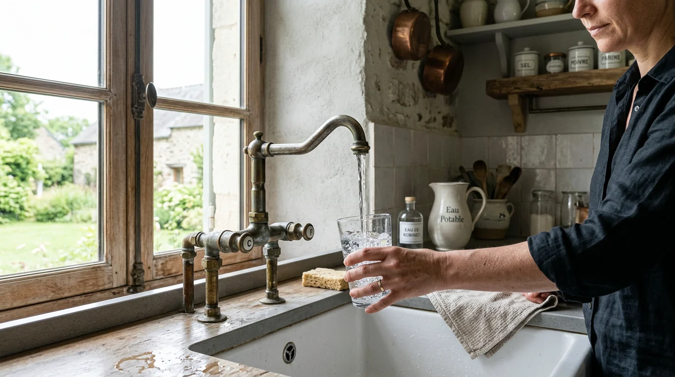 Eau du robinet coulant d'un ancien robinet métallique dans une cuisine rénovée