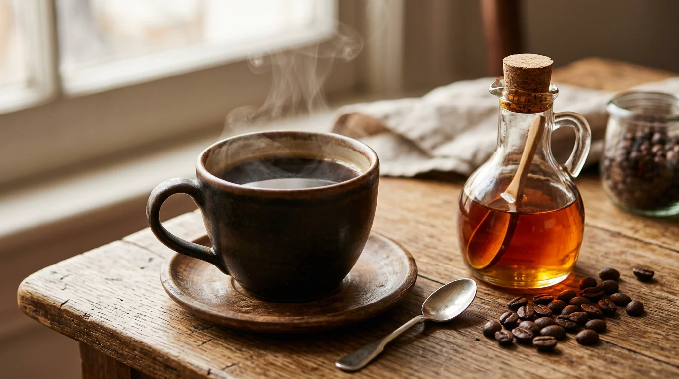 Tasse de café à l'érable avec sirop d'érable et grains de café sur une table en bois