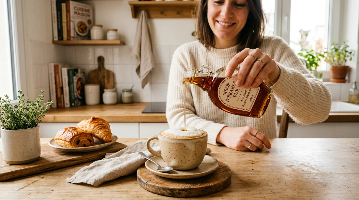 Personne versant du sirop d'érable dans un café au lait mousseux