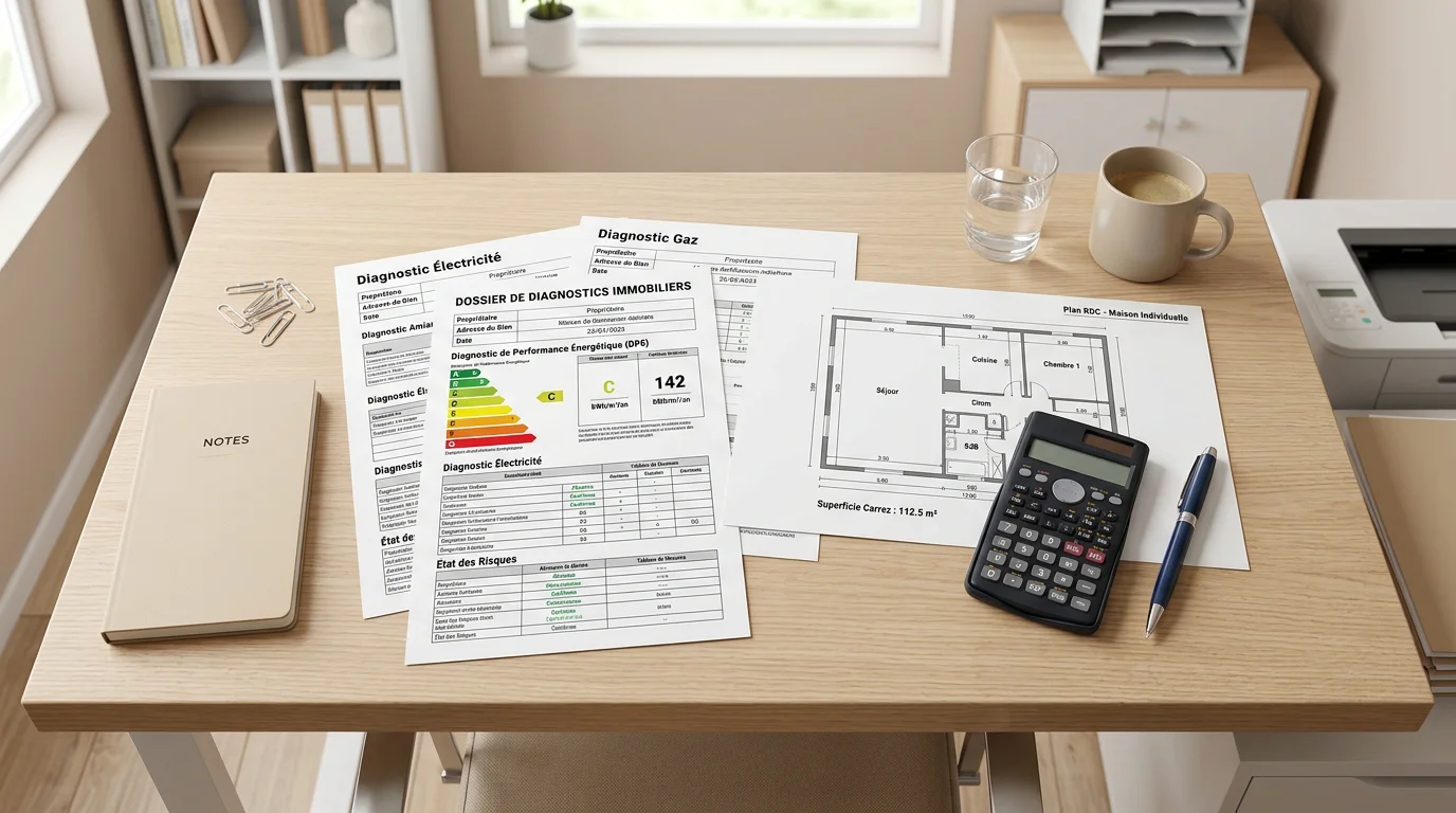Documents de diagnostics immobiliers et calculatrice sur un bureau professionnel