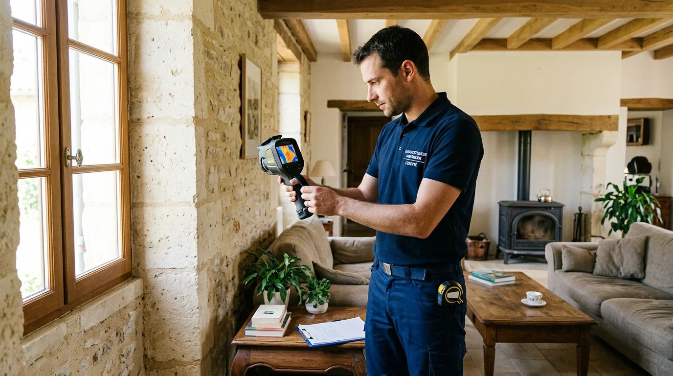 Diagnostiqueur immobilier réalisant un contrôle thermique dans une maison ancienne