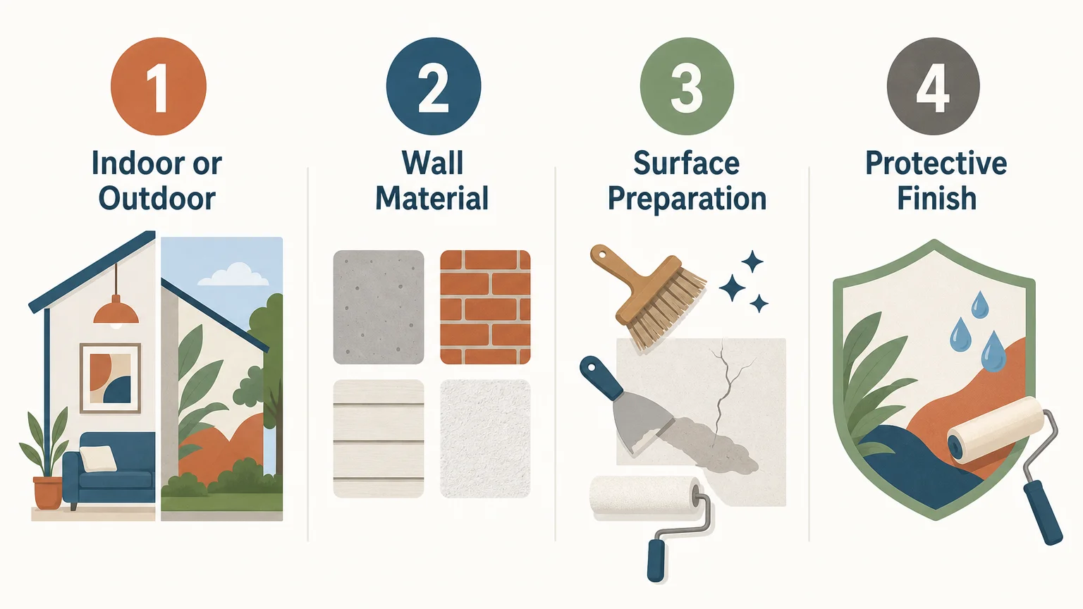 Mural paint selection checklist for location, surface, preparation, and protection