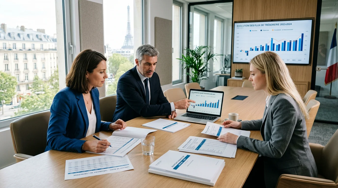 Équipe finance analysant la trésorerie et les délais de paiement en réunion