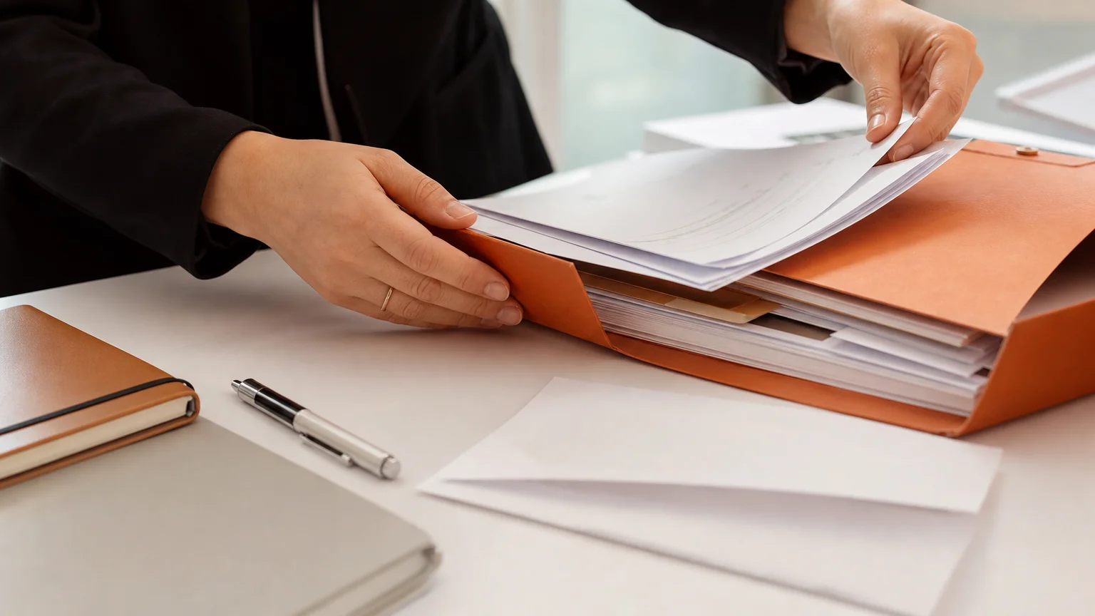 Mains classant des documents de procédure et un dossier juridique sur un bureau blanc et orange.