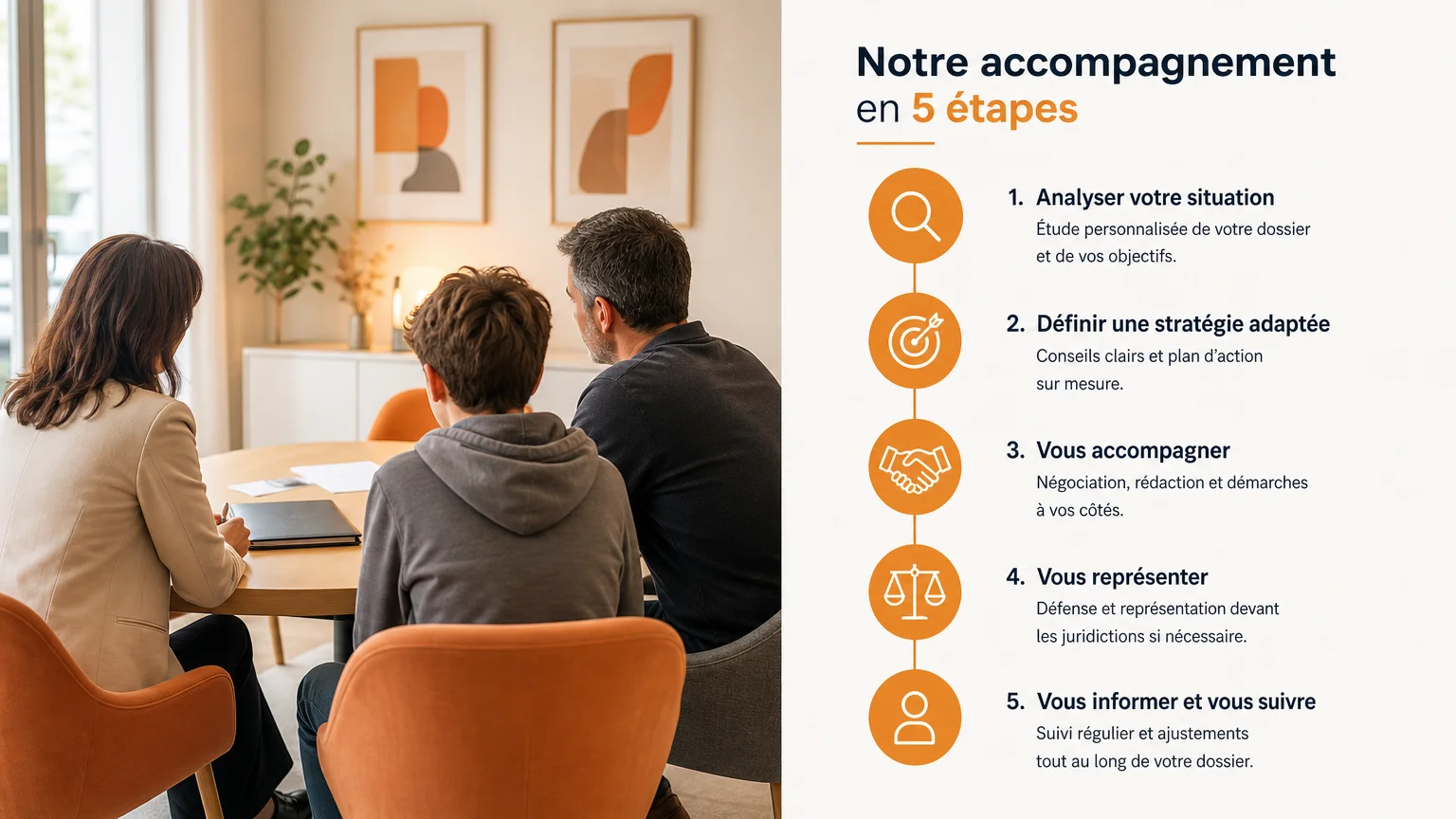 Famille vue de dos échangeant calmement autour de documents après une séparation.