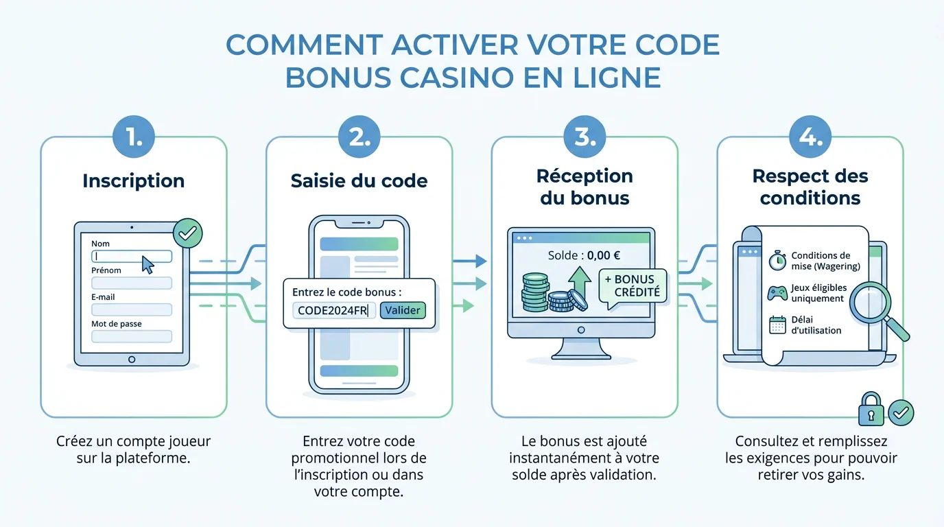 Infographie des quatre étapes pour utiliser un code bonus sans dépôt