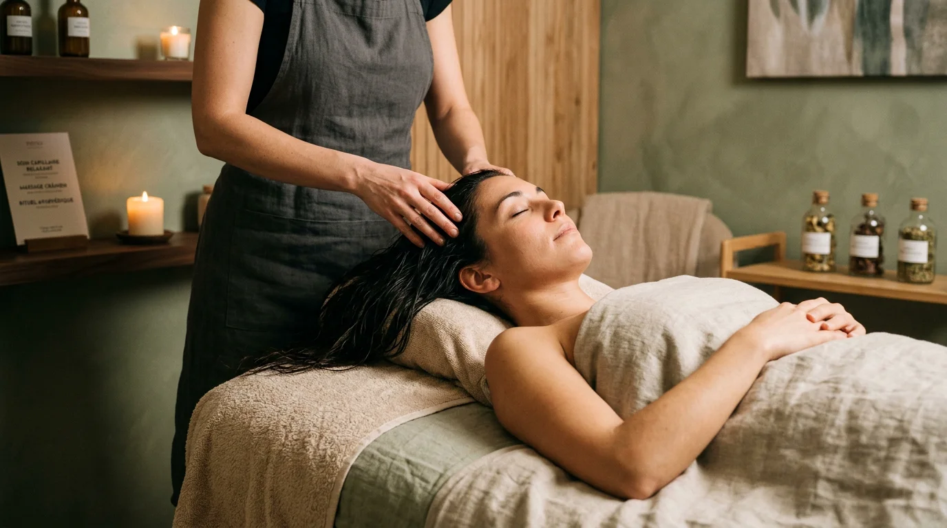 Praticienne réalisant un massage crânien lors d'une séance de head spa premium