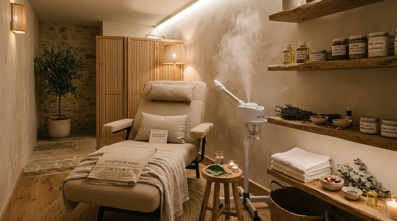 Cabine de soin aménagée pour une séance de head spa premium