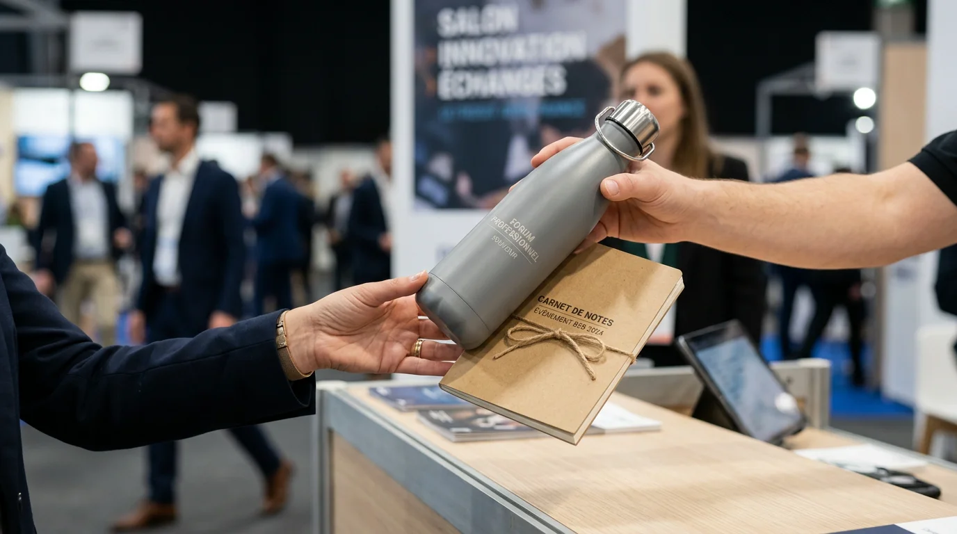 Distribution d'un goodies personnalisé sur un stand professionnel