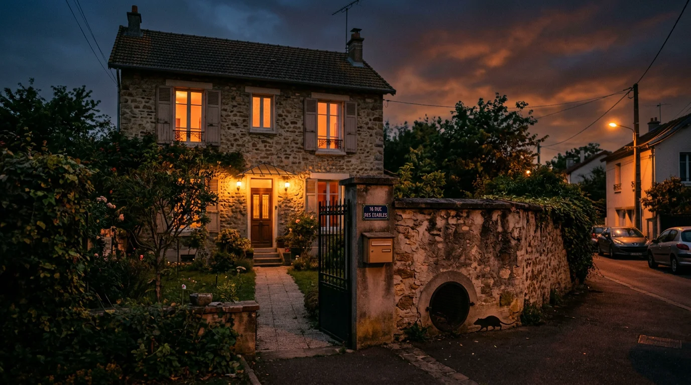 Maison en Île-de-France au crépuscule avec présence de rat près d'une cave