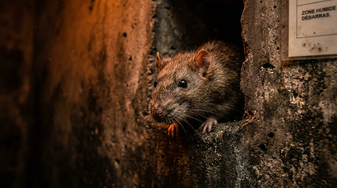 Rat brun sortant d'une fissure dans une cave sombre