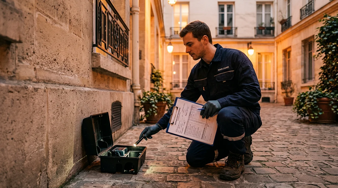 Technicien inspectant un poste d'appâtage dans une cour parisienne
