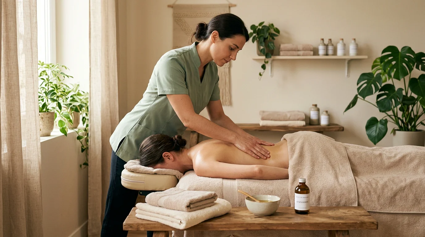 Praticienne réalisant un massage relaxant du dos dans un institut de bien-être