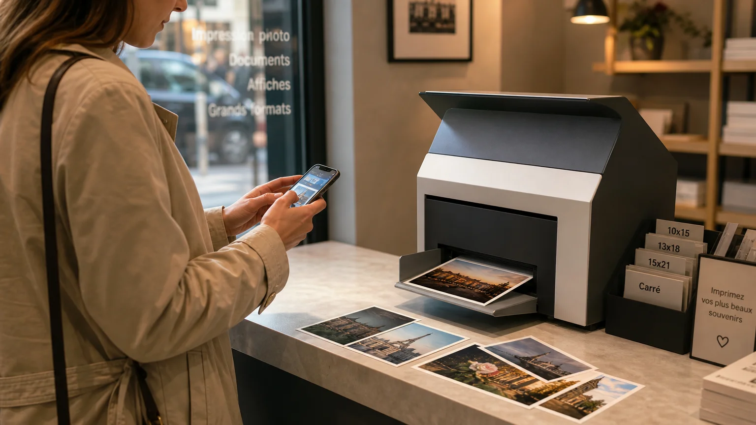 Borne d’impression photo utilisée depuis un smartphone dans une boutique
