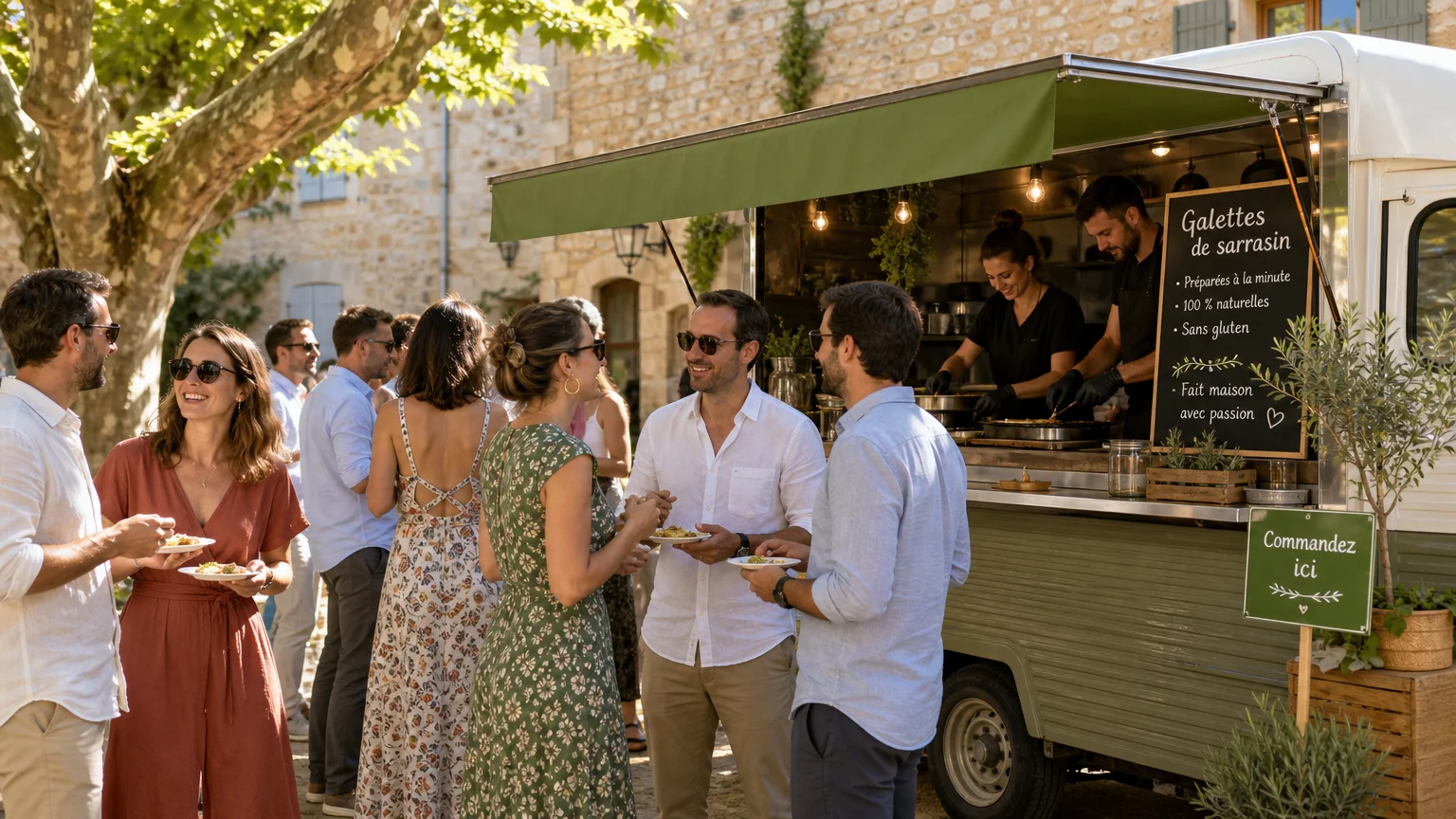 Salariés réunis autour d'un food truck lors d'un événement d'entreprise en Provence