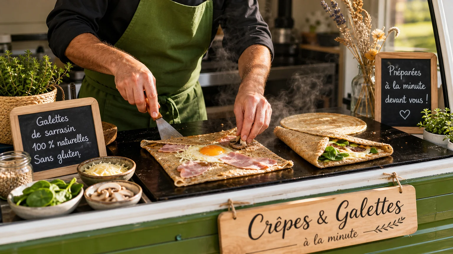 Préparation de galettes de sarrasin à la minute dans un food truck en Provence