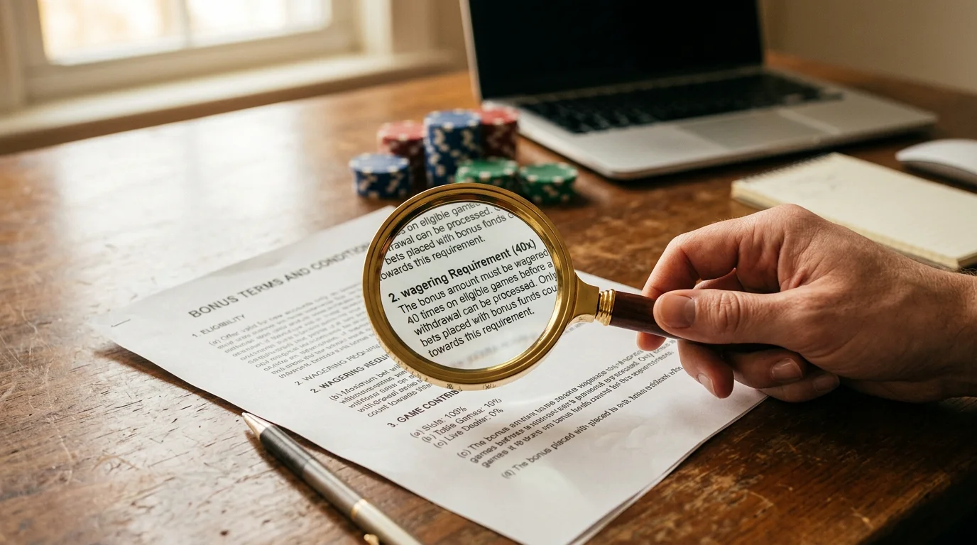 A magnifying glass examining printed casino bonus terms on a desk