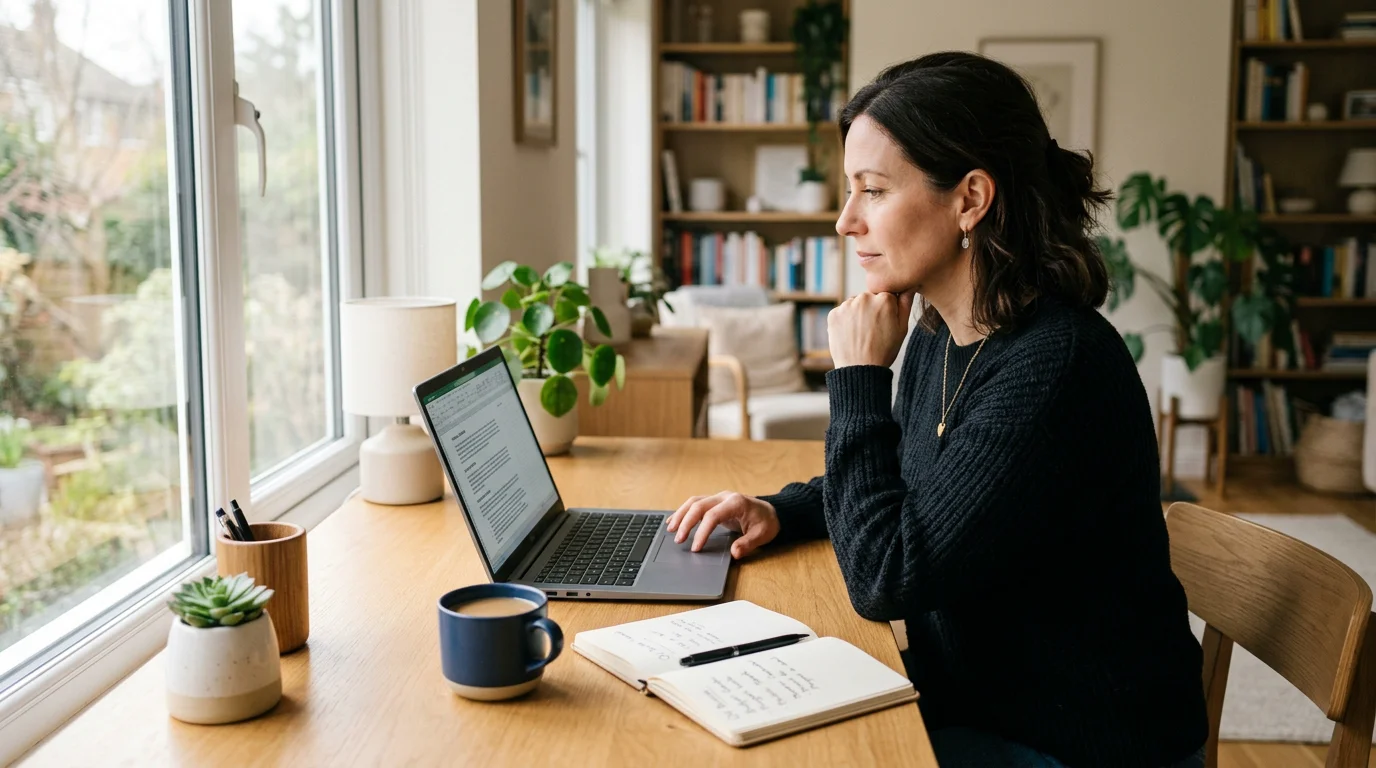 An adult calmly reviewing casino terms on a laptop at a home desk