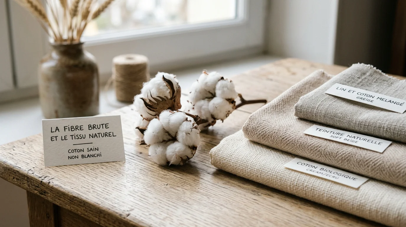 Fleurs de coton brut posées à côté d'échantillons de tissu naturel non teint