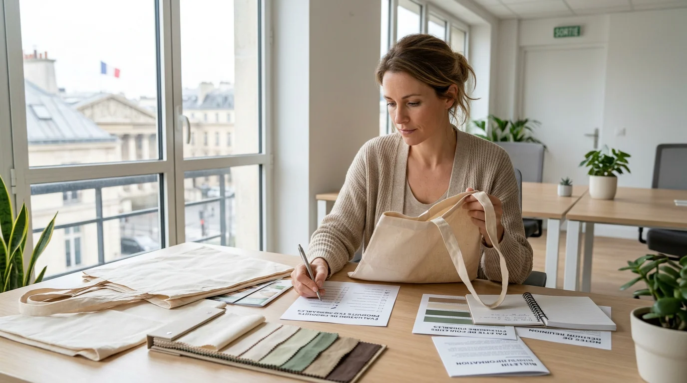 Professionnelle européenne examinant des tote bags en coton pour un projet de goodies responsables