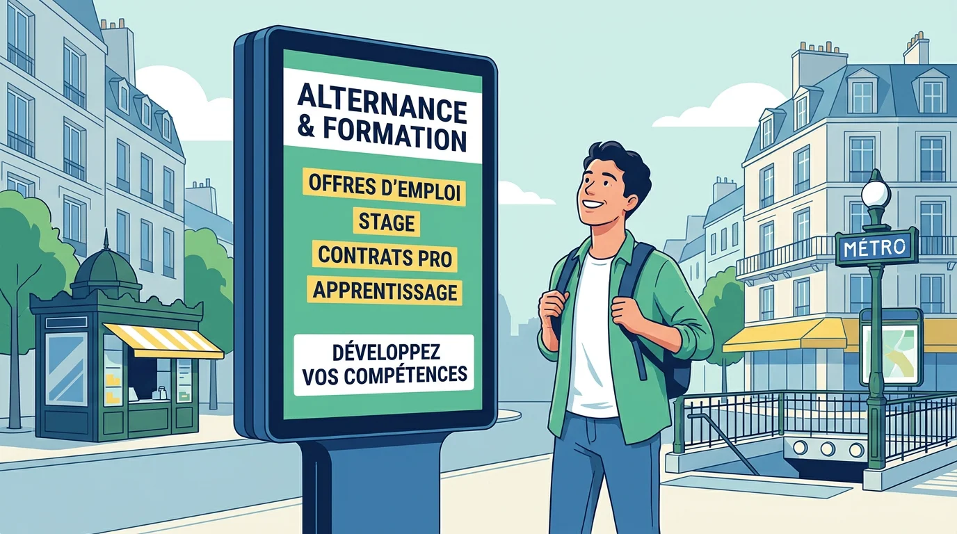 Jeune candidat consultant des offres d'alternance sur un écran numérique en France
