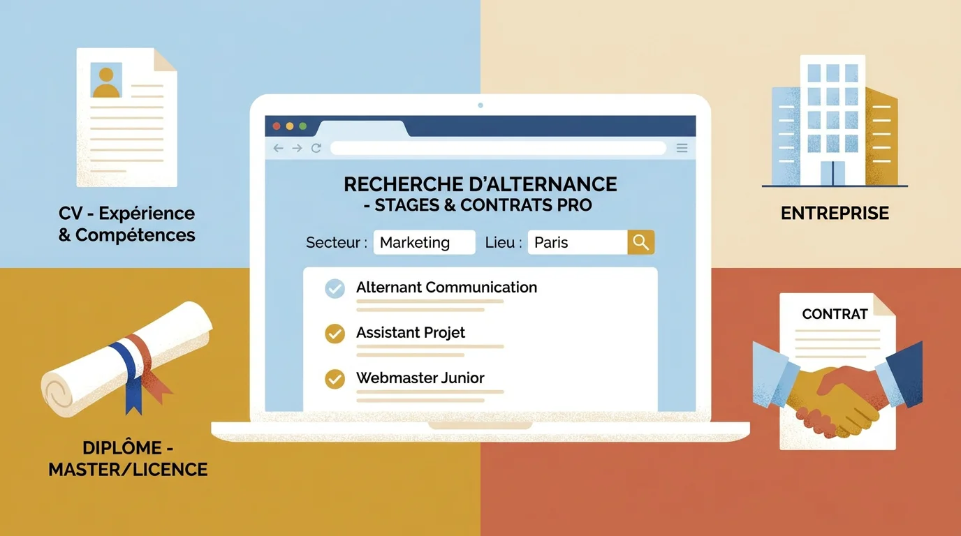 Interface de recherche d'offres d'alternance avec icônes de CV, diplôme et entreprise