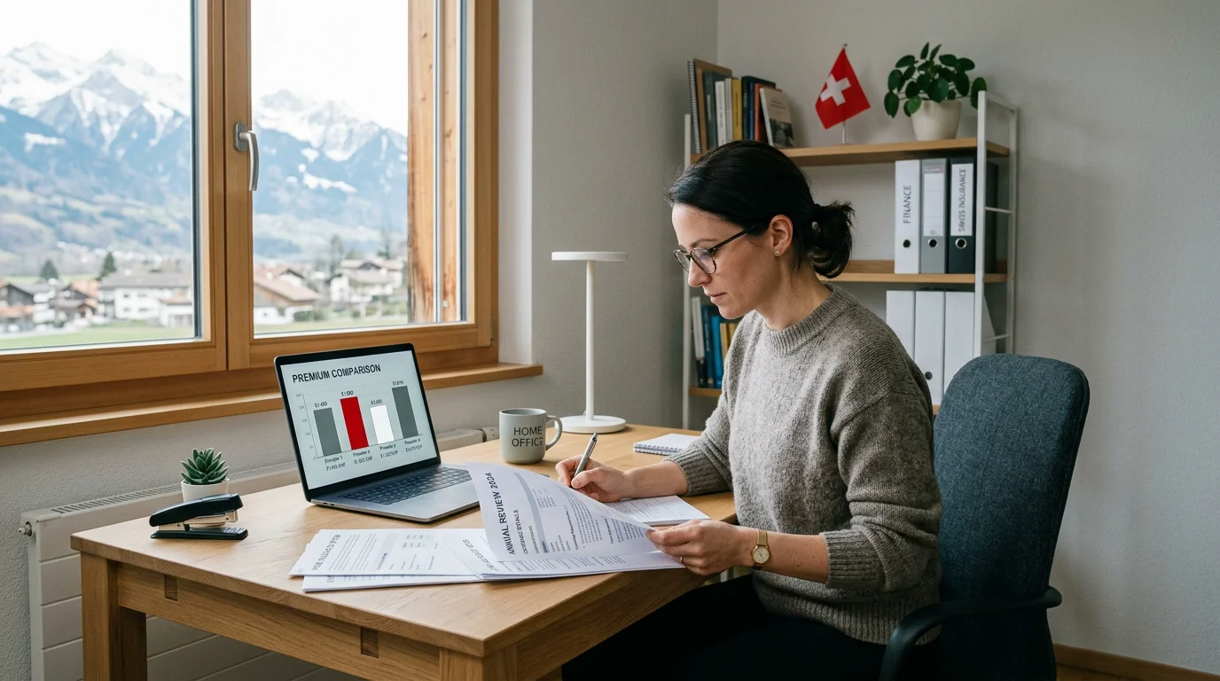 Person comparing Swiss health insurance documents at a home desk