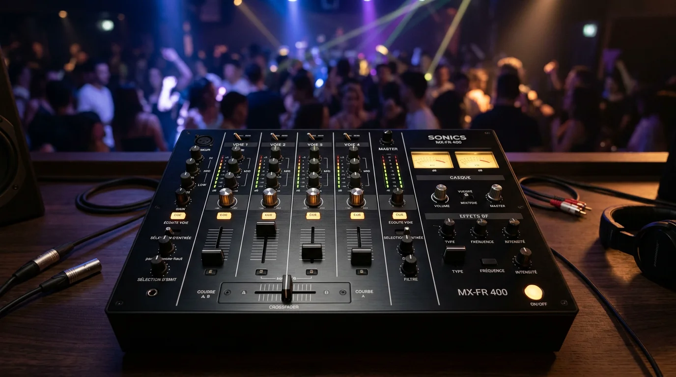 Table de mixage DJ professionnelle en gros plan sur une régie