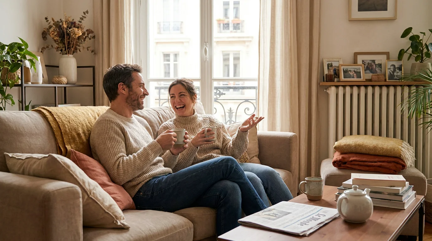 Couple européen discutant joyeusement sur un canapé dans un salon chaleureux