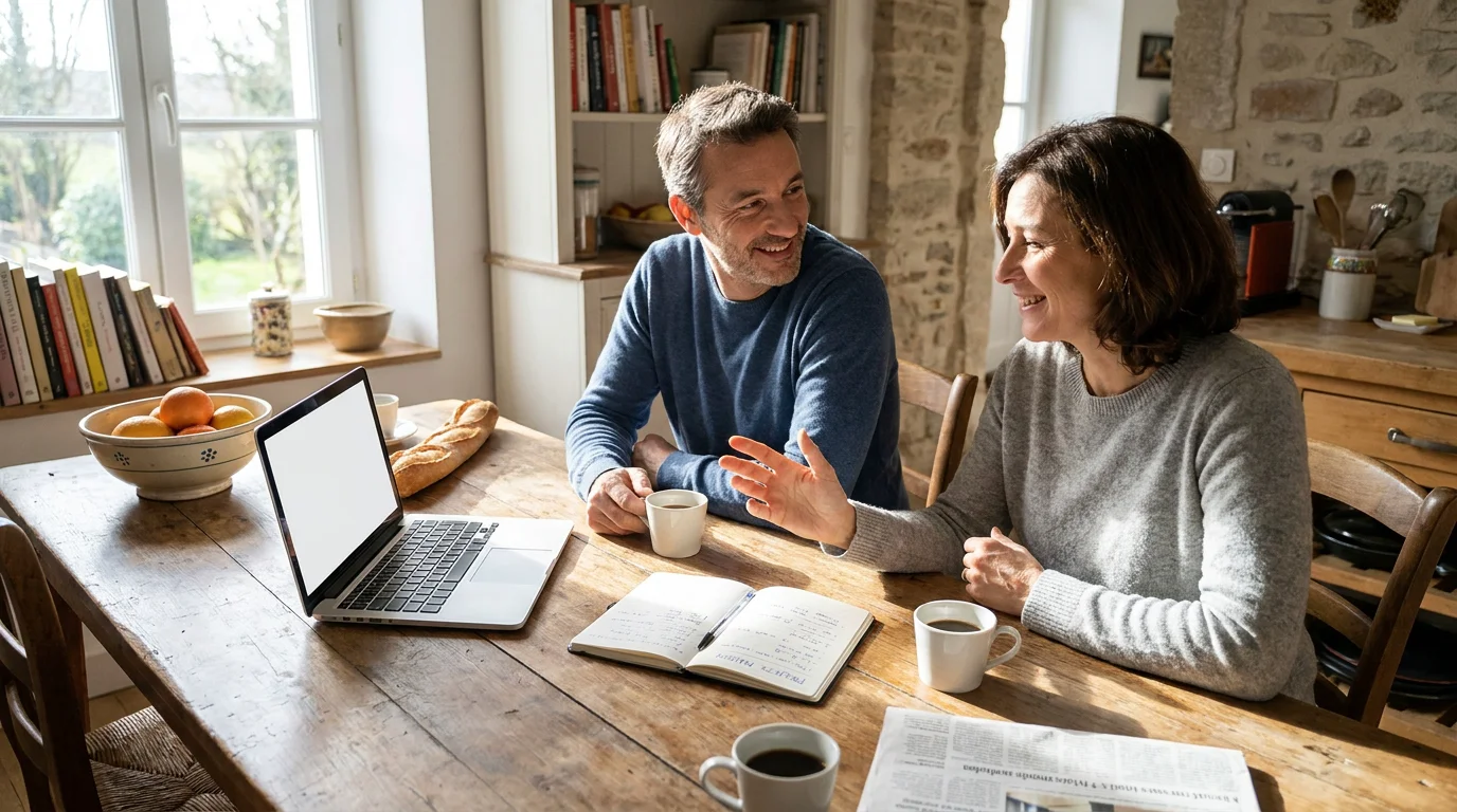 Couple européen discutant de leur budget à la table de la cuisine