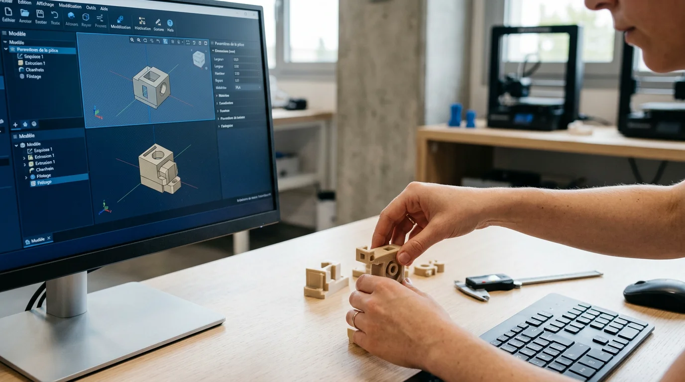 Écran de modélisation 3D à côté d'une pièce imprimée sur un bureau d'atelier