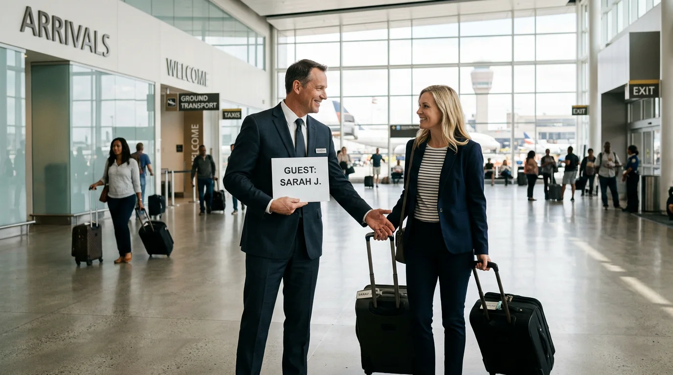 Chauffeur meeting a traveller in an airport arrivals hall