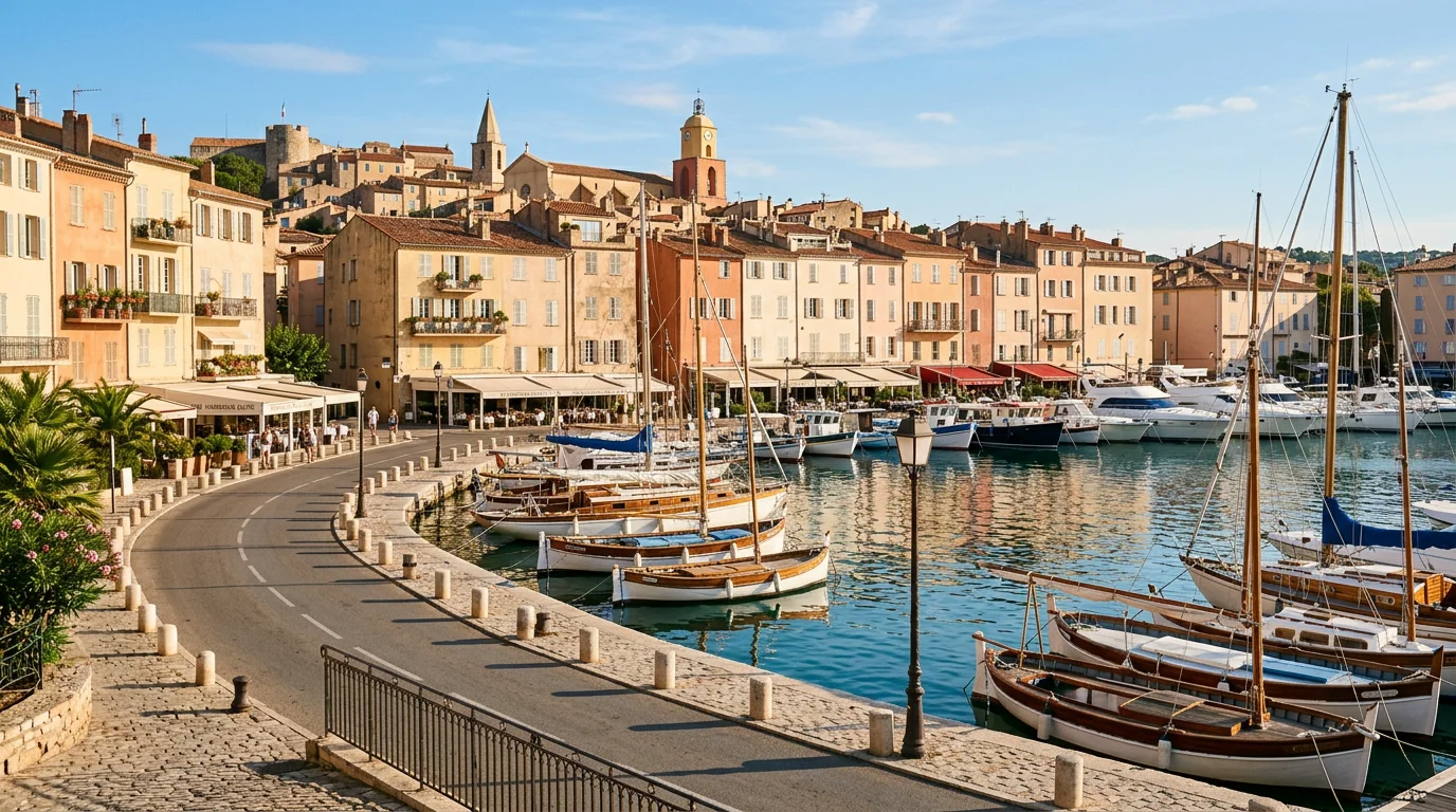Saint-Tropez harbour and coastline on a sunny day