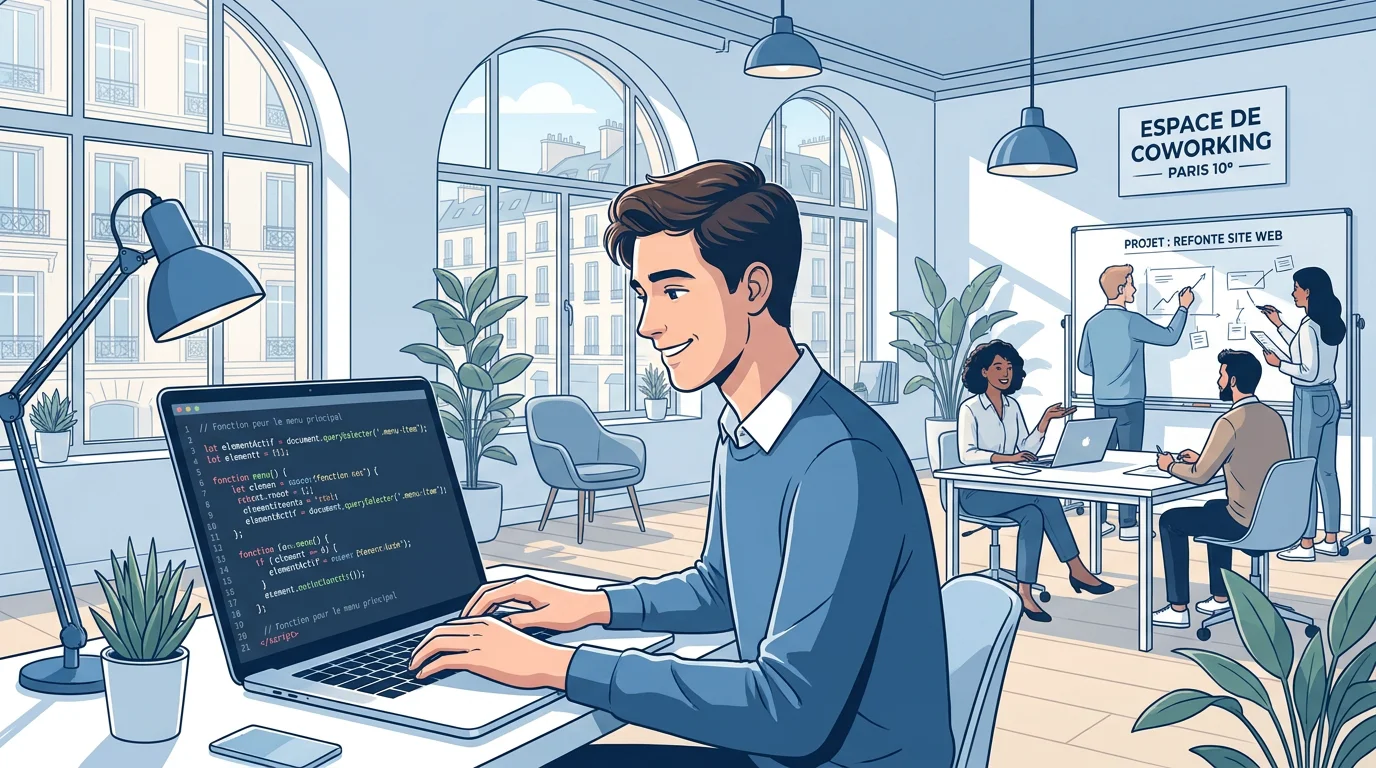Jeune développeur web en alternance travaillant sur du code dans un espace de coworking en France